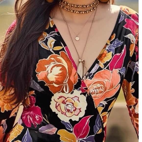 Band of the Free Boho Floral Stevie Nicks Hi-Lo Wrap Maxi Dress Long Sleeve M - Picture 2 of 5